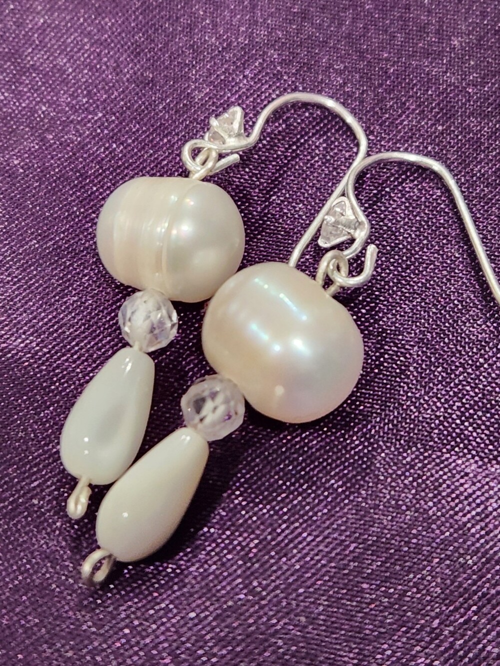 Sterling Silver Pearl Dangle Earrings - Pearlescent Beads 925 Hook CZ Crystals
